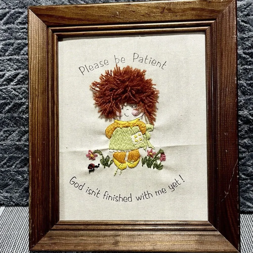 Vintage Cross Stitched Needle Work Little Girl Framed Picture made on 1987 D4